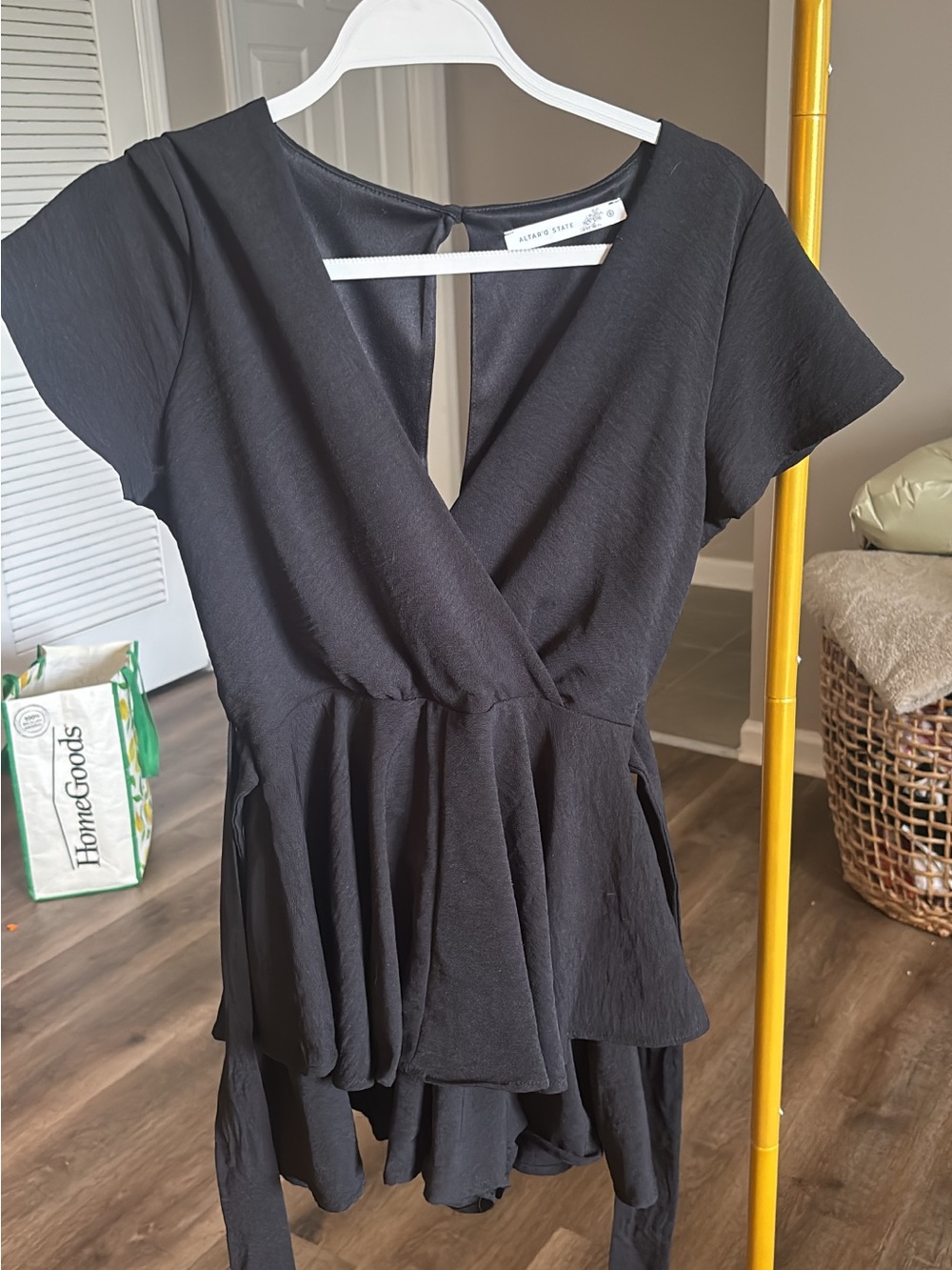 Altar'd State Black Short Sleeve Wrap Romper with Tiered Skirt